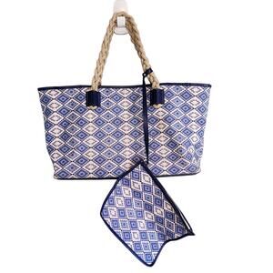 Theodora & Callum Stuart Weitzman Blue Geometric Tote with Braided Handle